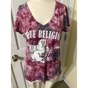 True Religion Tie Dye Buddha V Neck Graphic T-Shirt Women Size Medium